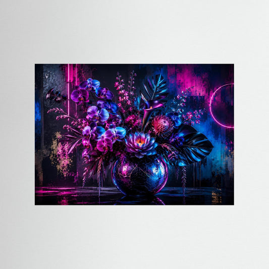 Neon-Blumenstrauß Poster im Querformat, dunkelblauer Rahmen, violett-blaues Blumenarrangement