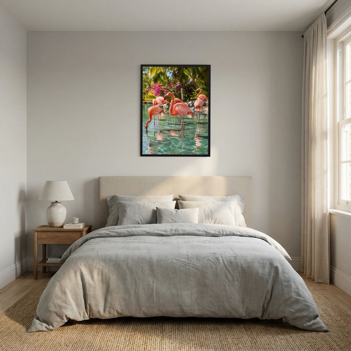 Hochformat-Poster mit rosafarbenen Flamingos im Wasser mit sichtbaren Spiegelungen