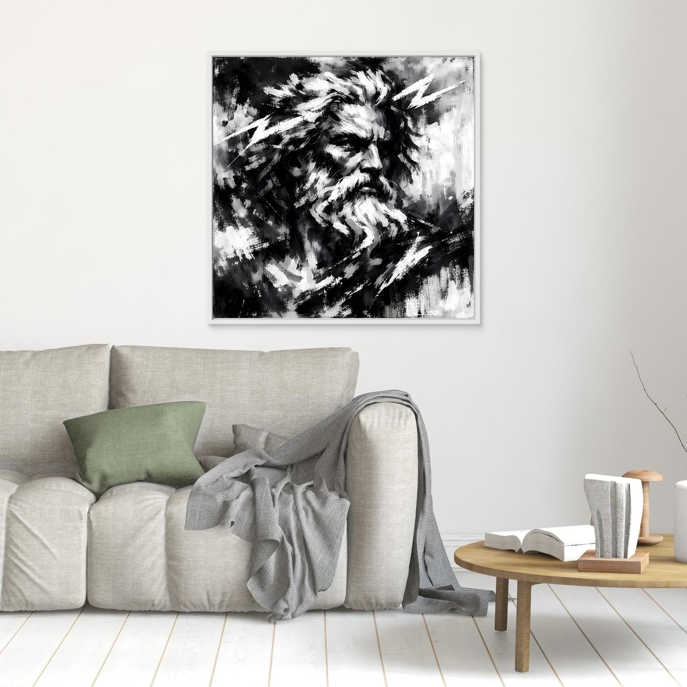 Small square black-and-white abstract bearded portrait wall art with bold brush textures