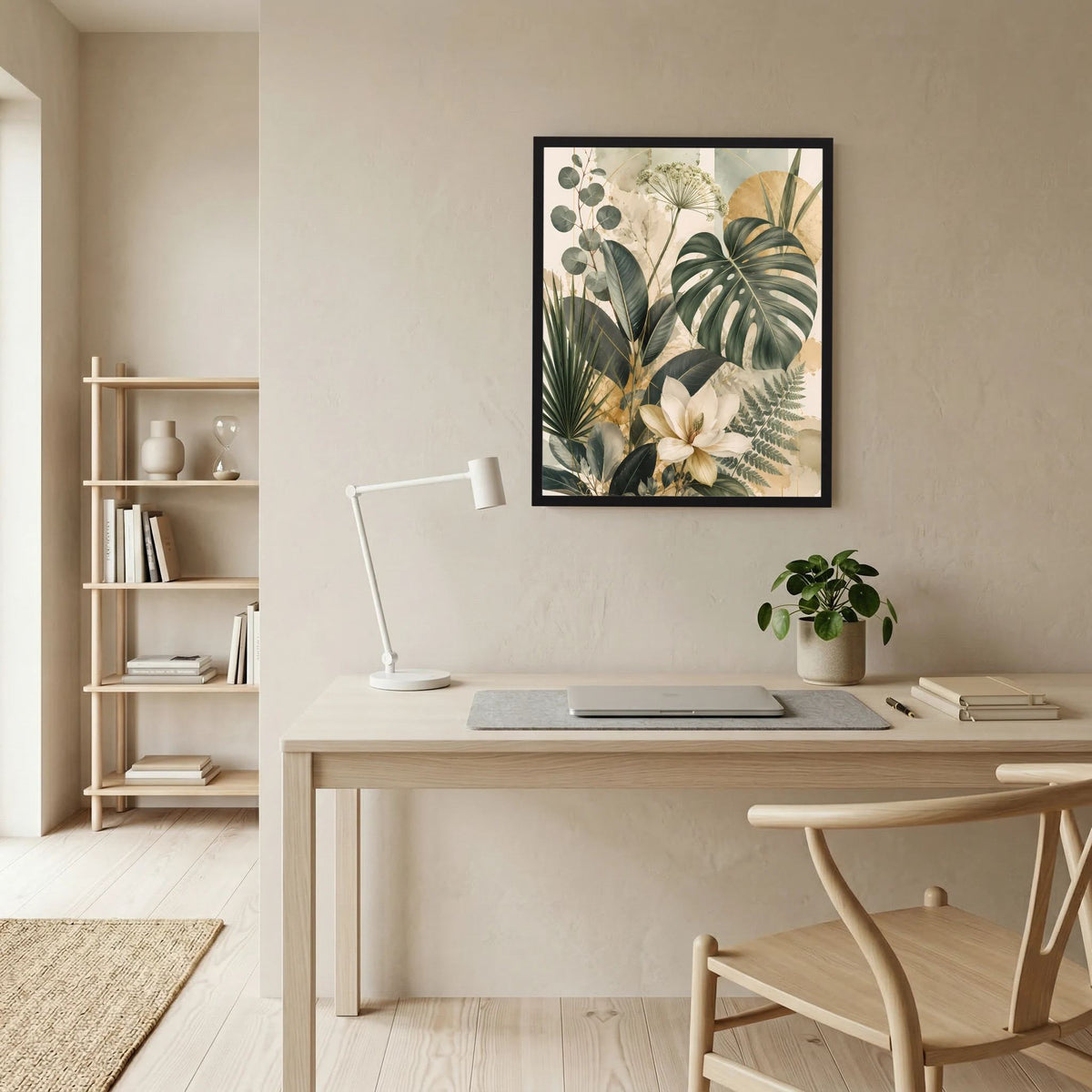 Gerahmtes Hochformat-Poster mit tropischen Blättern und weißen Magnolien, schwarzer Rahmen