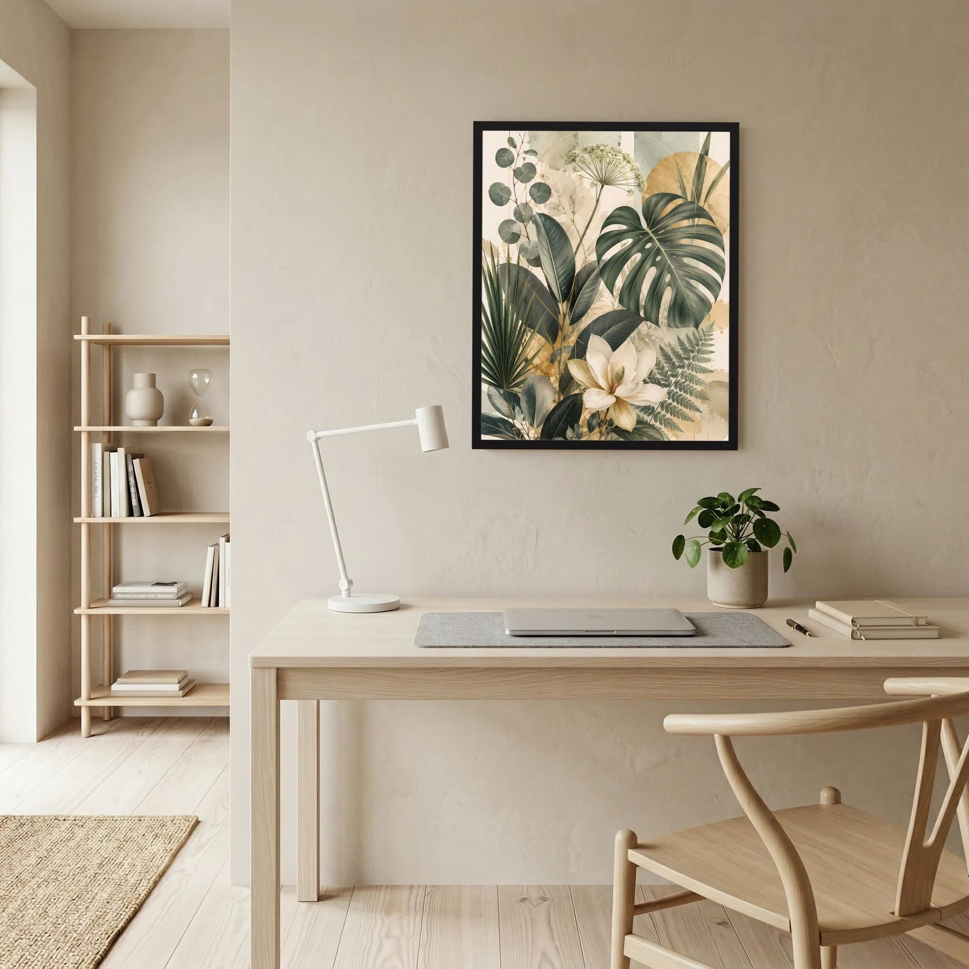 Gerahmtes Hochformat-Poster mit tropischen Blättern und weißen Magnolien, schwarzer Rahmen