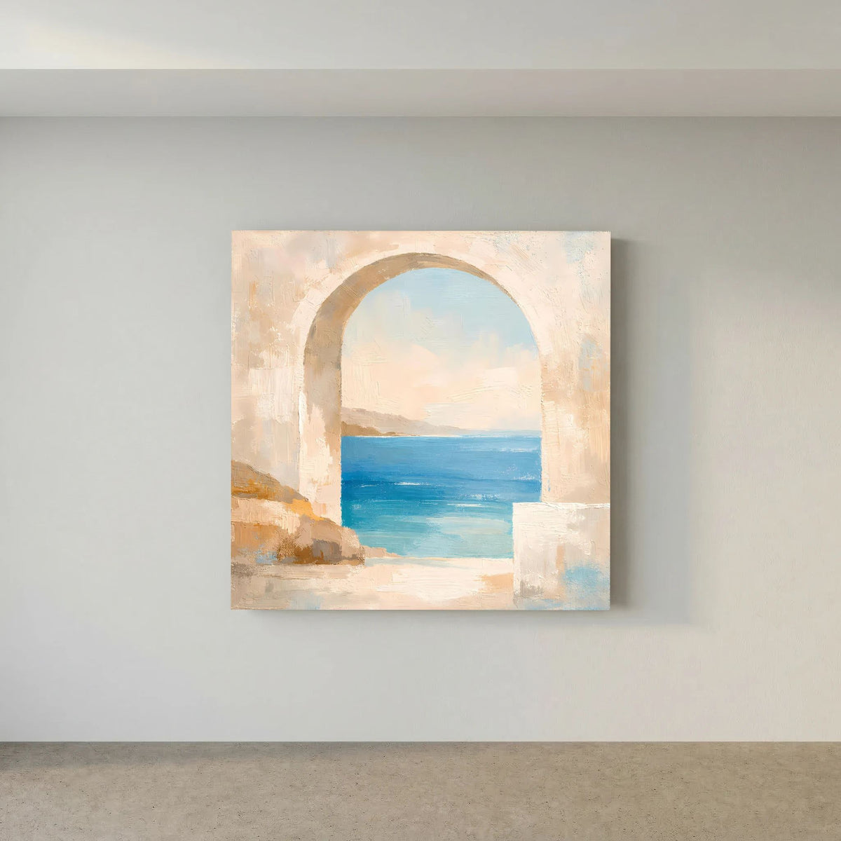 Leinwandbild mit Torbogen und Meerhorizont im abstrakten Stil, pastellige Beige- und Blautöne