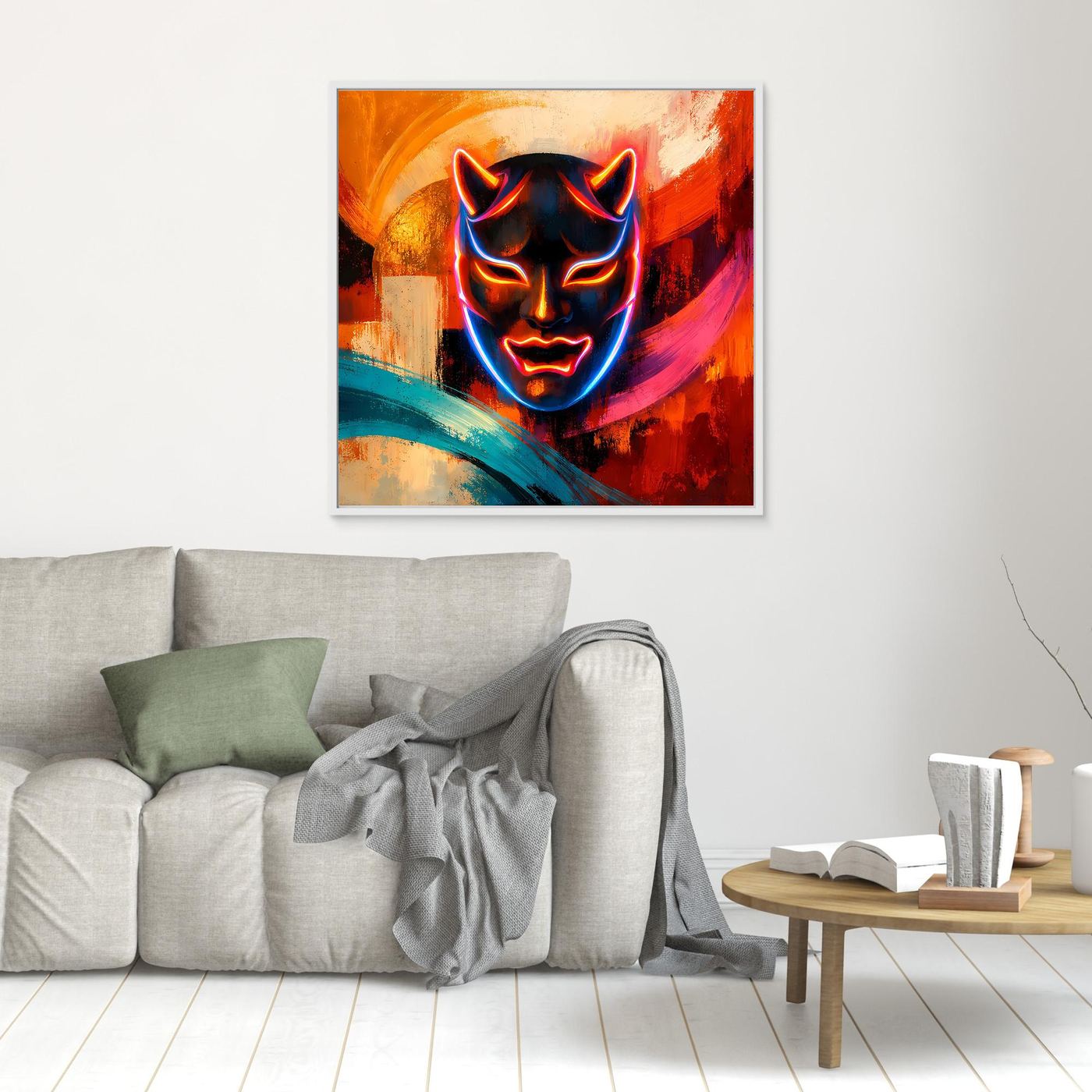 Kleines Leinwandbild mit leuchtender Oni-Maske im Neon-Look, weiß gerahmt