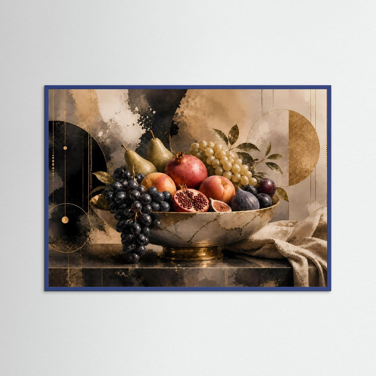 Obstposter im blauem Holzrahmen: Schale mit Trauben und Granatapfel, Querformat