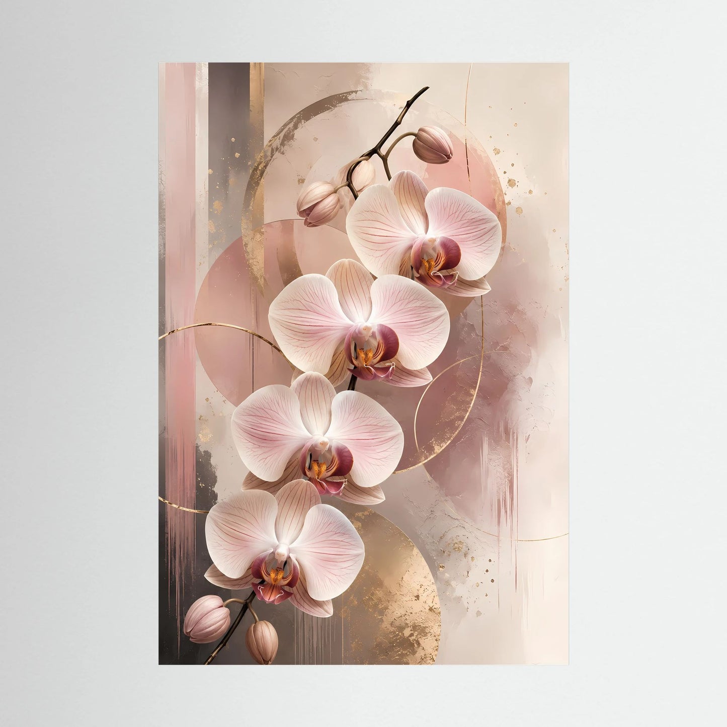 Abstraktes Orchideen-Poster in Rosé mit Goldakzenten, Hochformat