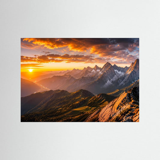 Panorama-Bergposter mit Sonnenuntergang, Bergkämme und markantem Sonnenaufgangslicht