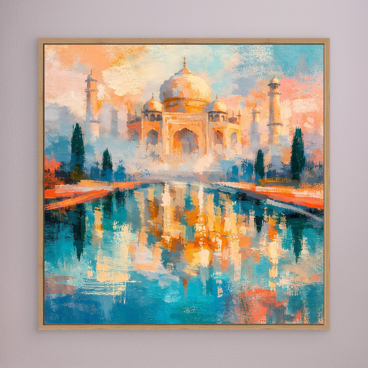 Wandbild mit abstraktem Taj Mahal und Spiegelung im Wasser, braun gerahmt