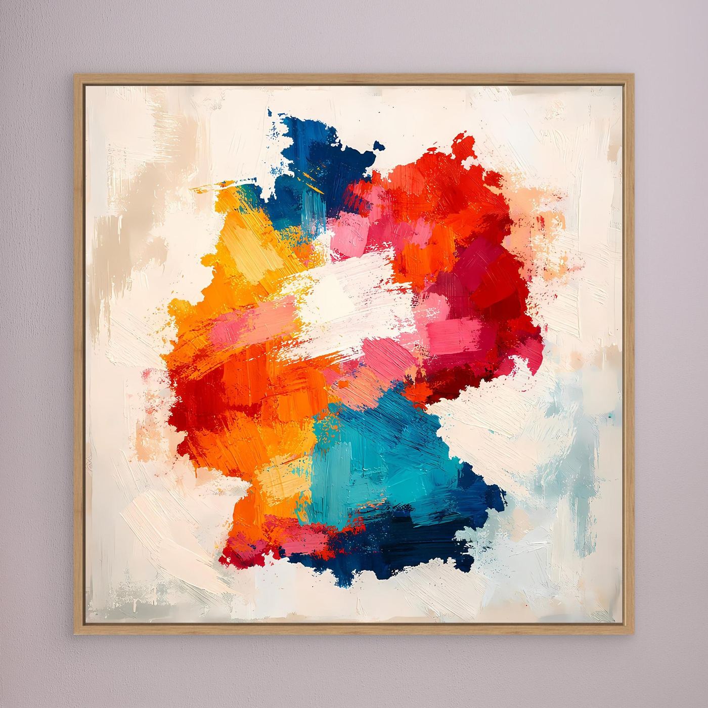 Framed abstract canvas wall art with colorful map silhouette, oak wood frame