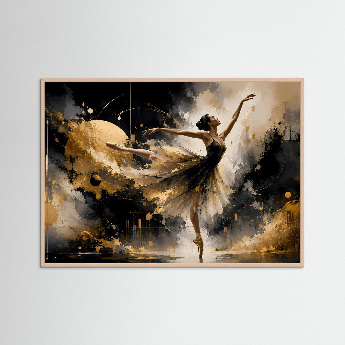 Abstraktes Wandbild mit Ballerina in schwebender Pose, gold-helle Tüllpartien und dunkle Farbspritzer