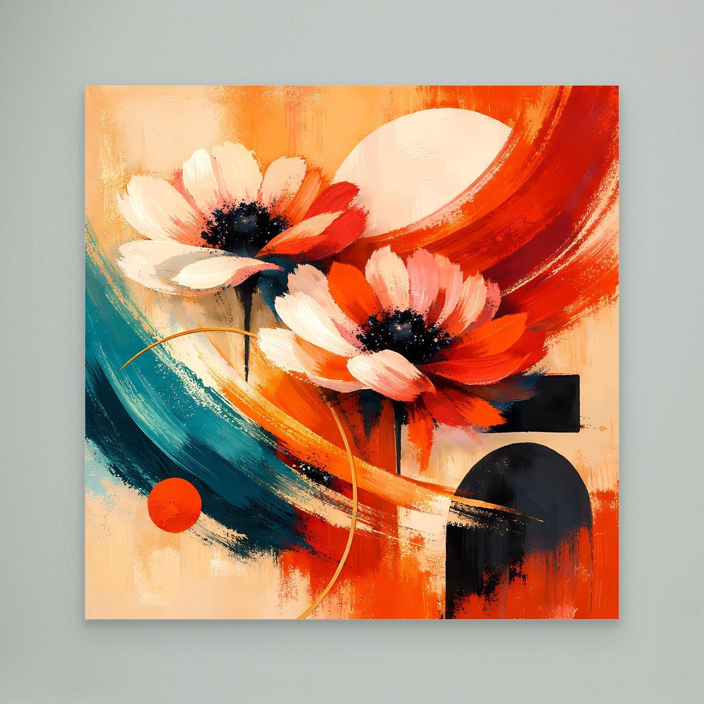 Leinwandbild mit abstrakten Anemonenblüten in Rot, Orange, Türkis und Schwarz.