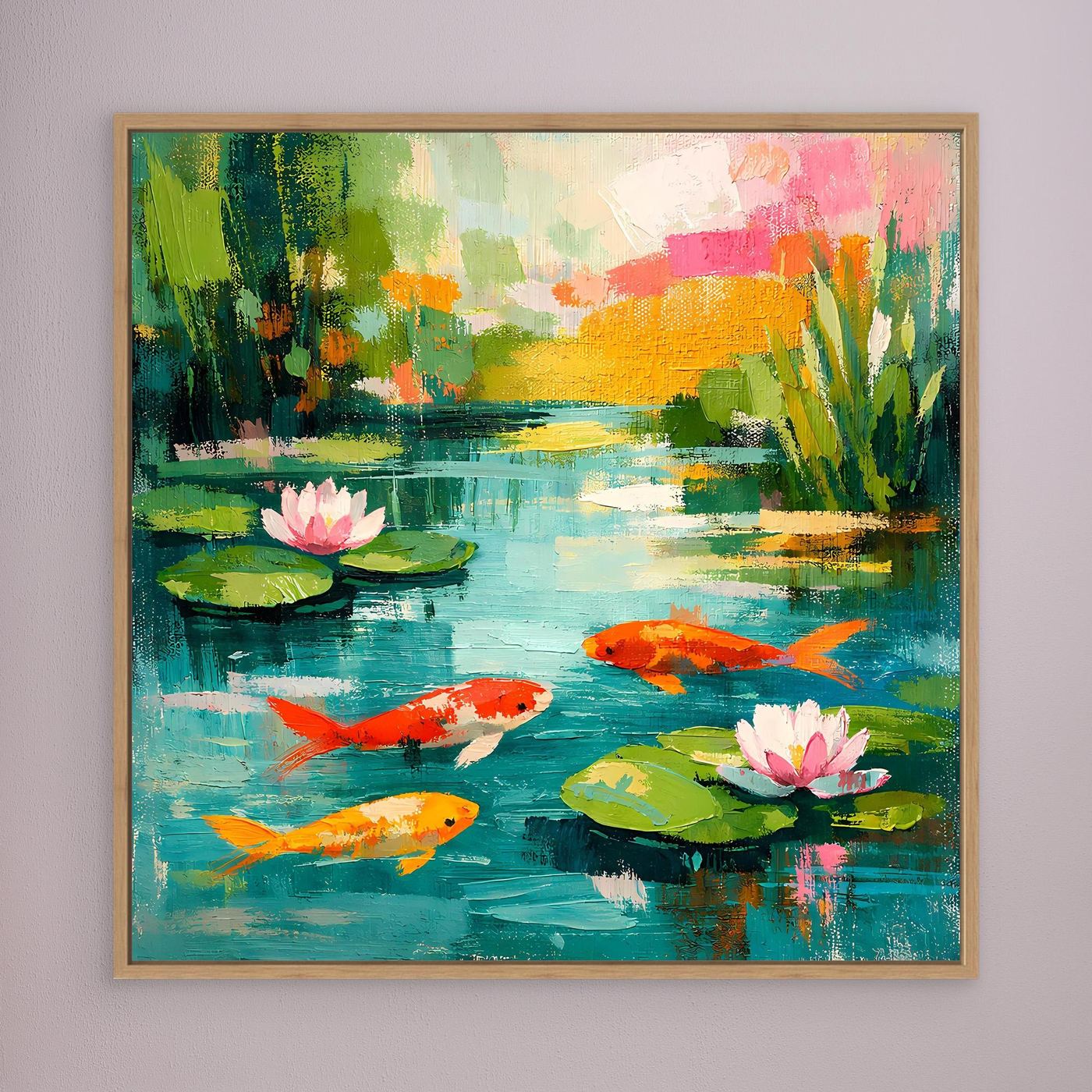 Oak-framed koi pond wall art with lily pads, pink lotus flowers, and orange koi fish.