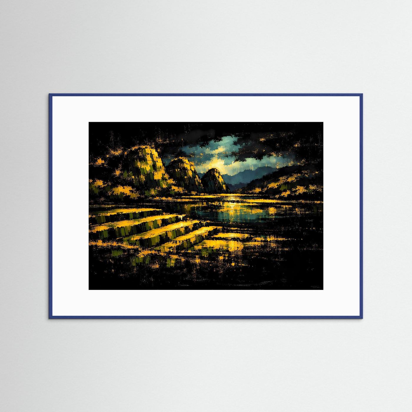 Goldene Nacht über dem Bergsee | Mystisches Natur & Landschaft Poster Querformat