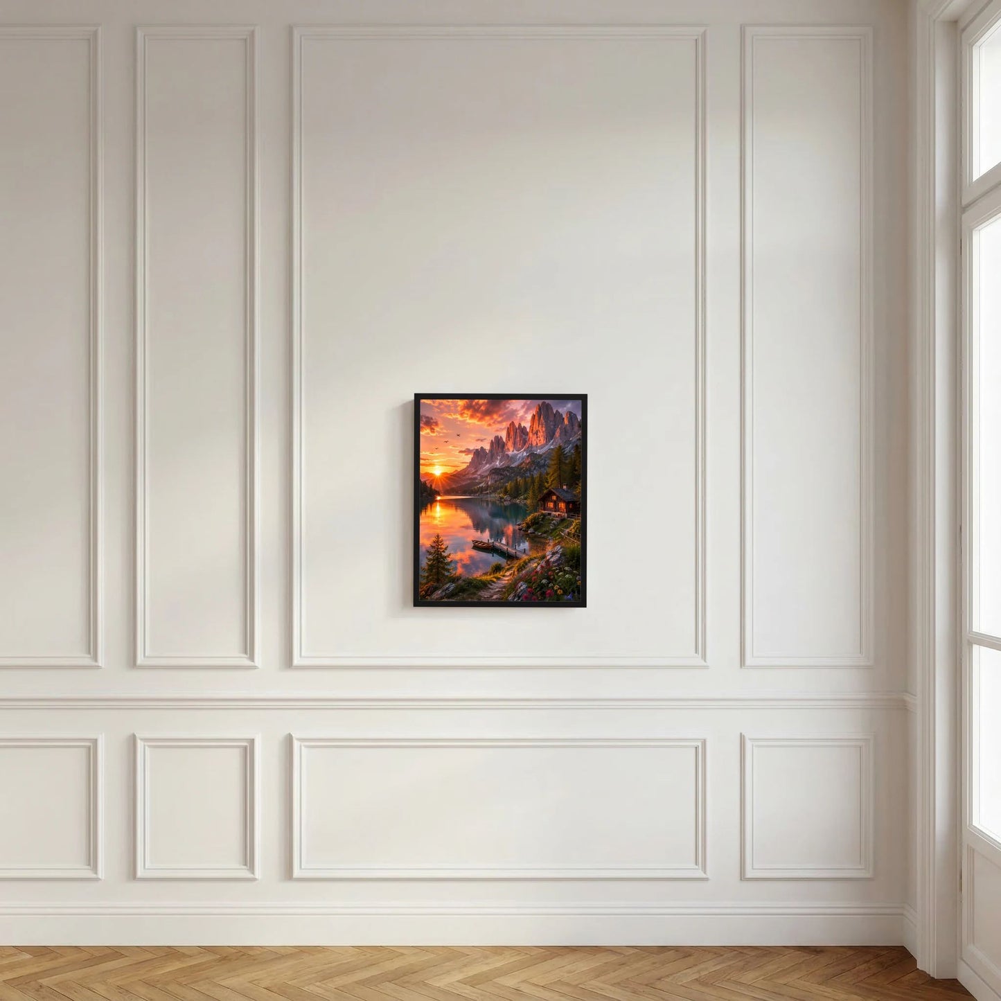 Hochformatiges Wandposter im schwarzen Rahmen mit Bergsee und Sonnenaufgang