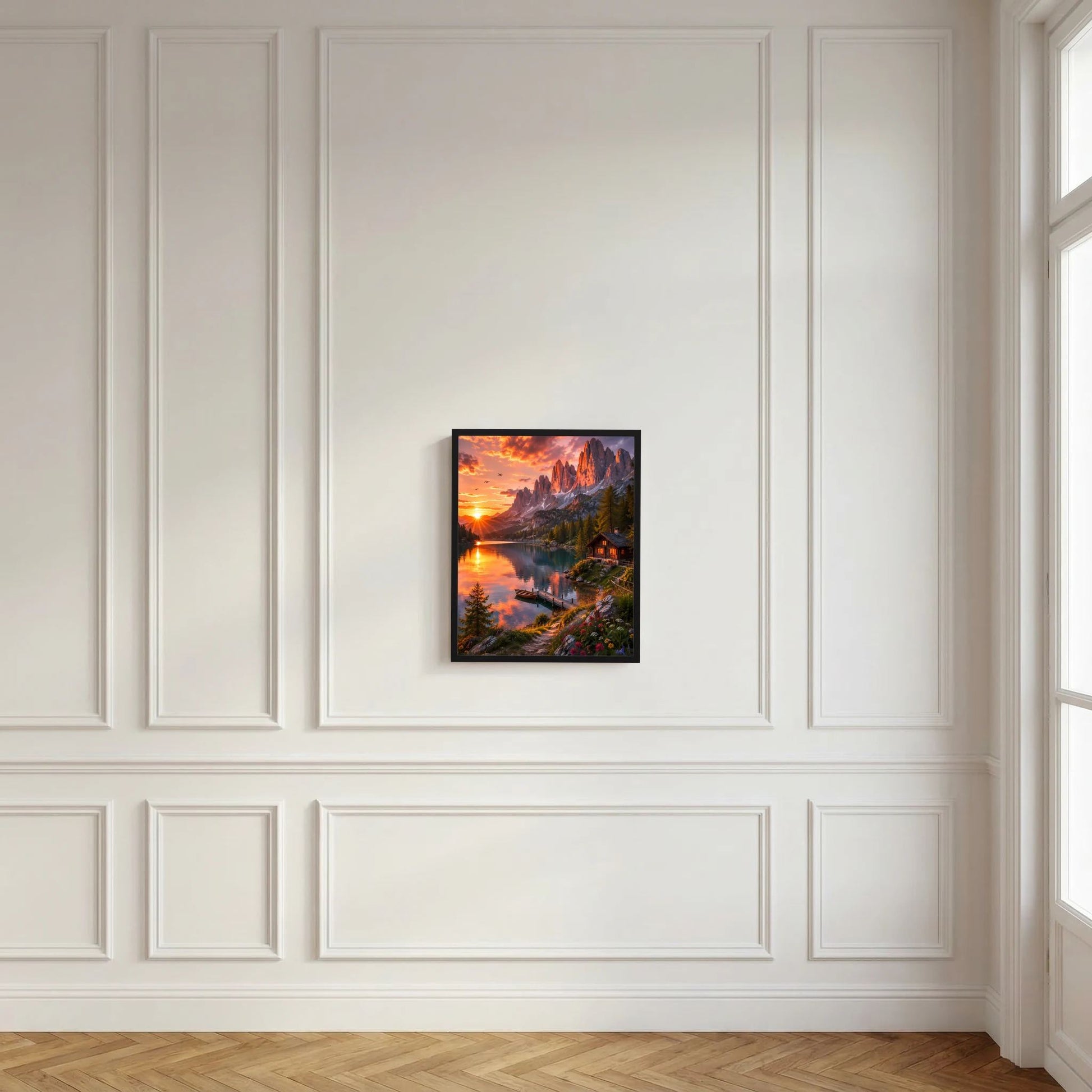 Hochformatiges Wandposter im schwarzen Rahmen mit Bergsee und Sonnenaufgang