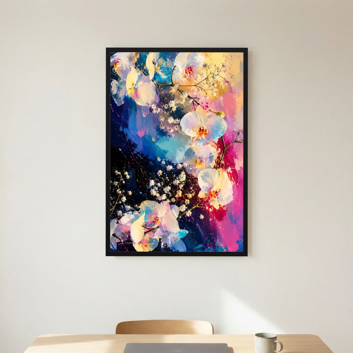 Poster Hochformat mit abstrakten Orchideen in Blau, Pink und weißen Blüten im schwarzen Rahmen