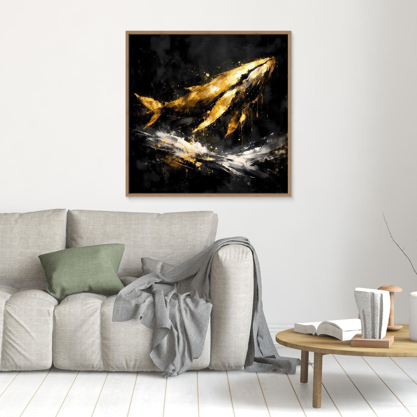 Leinwand Majestätischer Wal in Gold und Schwarz | Modernes Abstraktes Meeres Wandbild