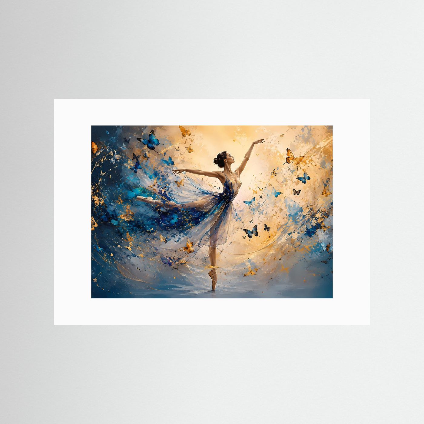 Ballerina mit Schmetterlingen in Blau & Gold | Elegante abstrakte Tanzkunst