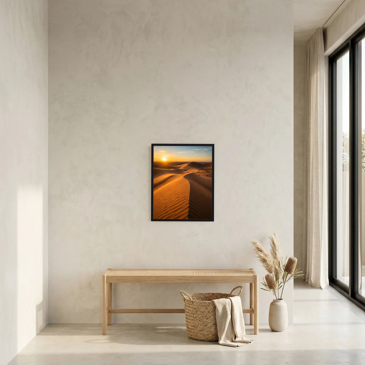 Gerahmtes Hochformat-Landschaftsposter mit Wüstendünen bei Sonnenuntergang