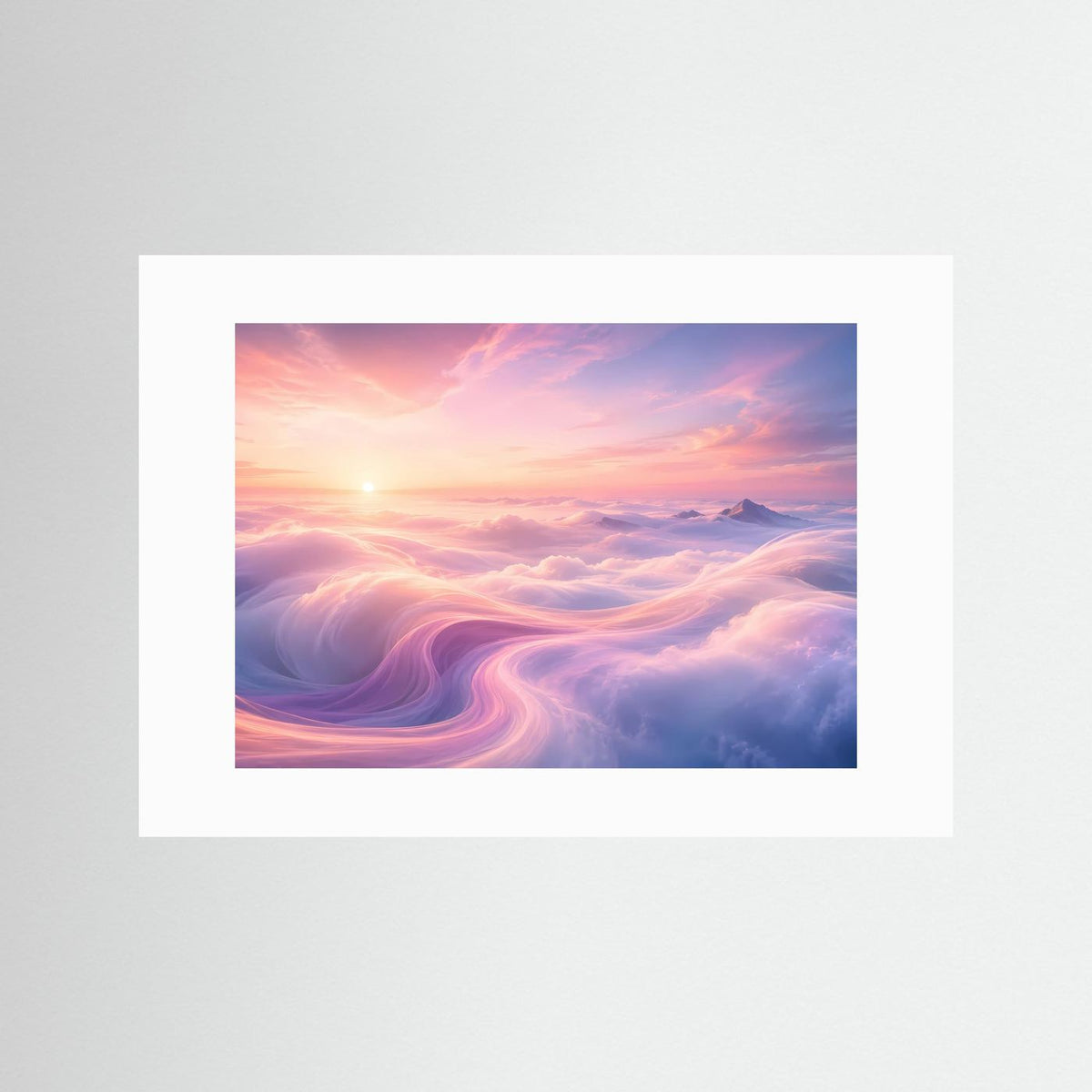 Poster im Querformat mit weißem Passepartout und Wolken bei Sonnenaufgang in Rosa und Blau.