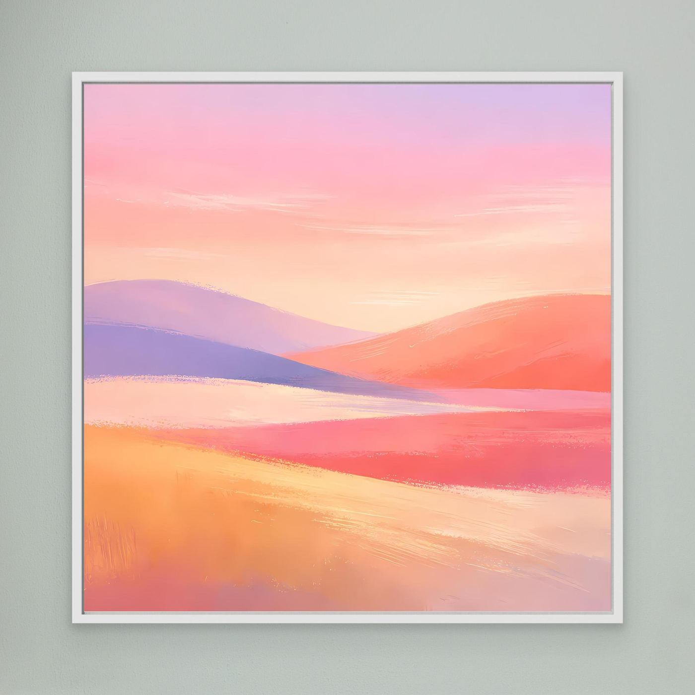 Leinwandbild mit abstrakter Hügellandschaft in Pastellfarben, weißer Rahmen