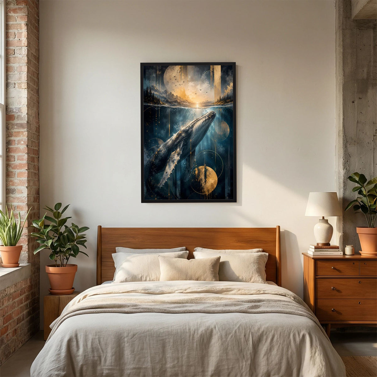Poster im Hochformat mit Wal-Motiv unter der Wasseroberfläche, Blau-Gold, schwarzer Rahmen