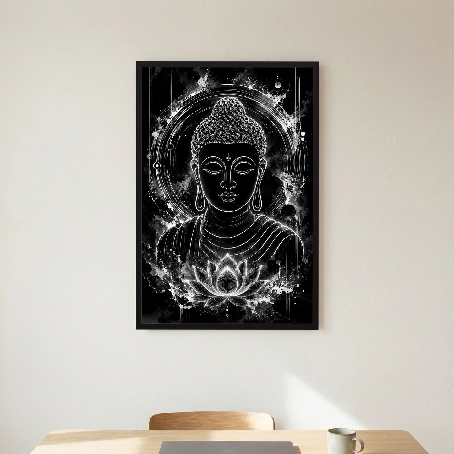 Hochformat-Poster mit Buddha-Gesicht, Lotusblüte und Lichtkreis, schwarz-weiß, schwarzer Rahmen
