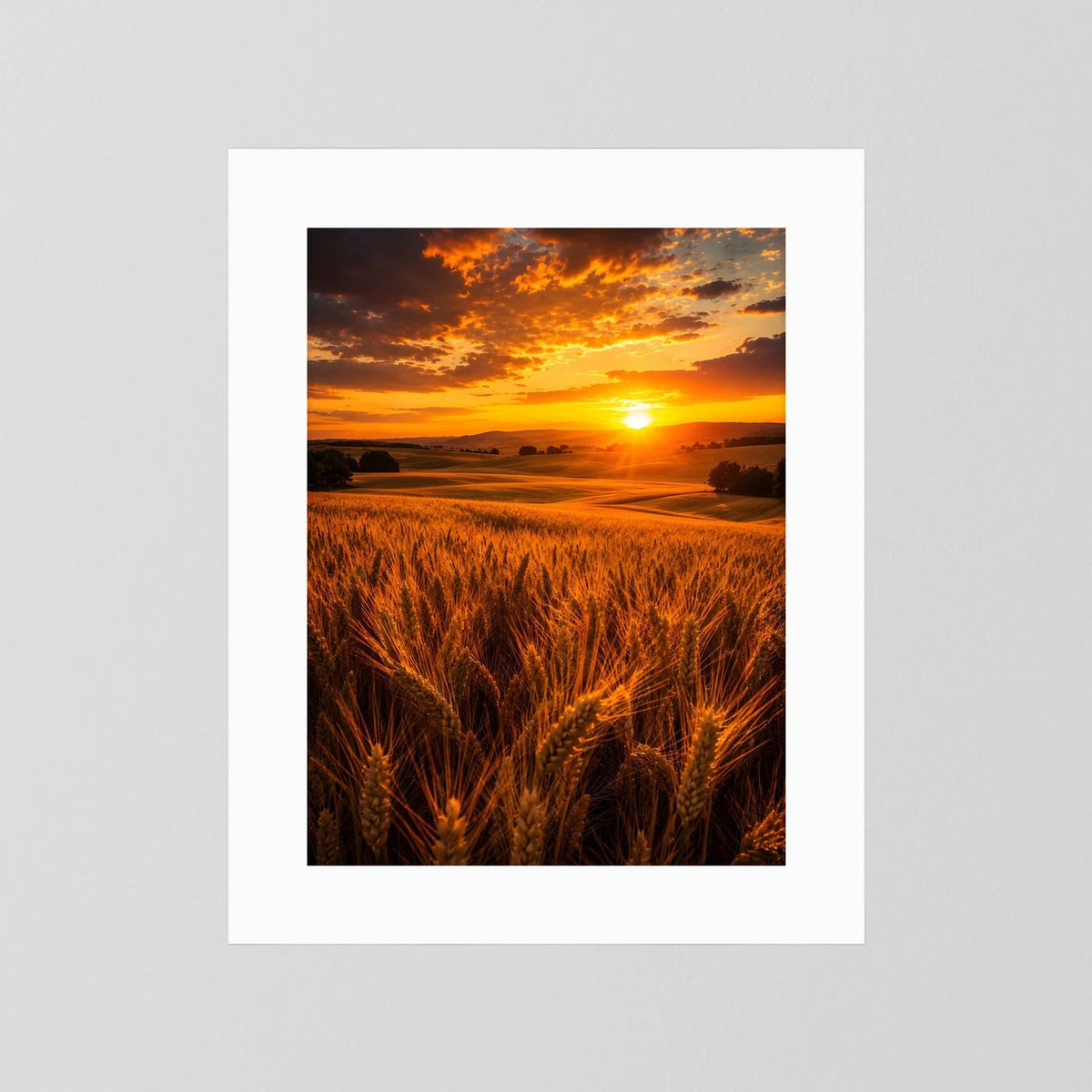 Poster im Hochformat mit Sonnenuntergang über goldenem Weizenfeld mit weißem Rand