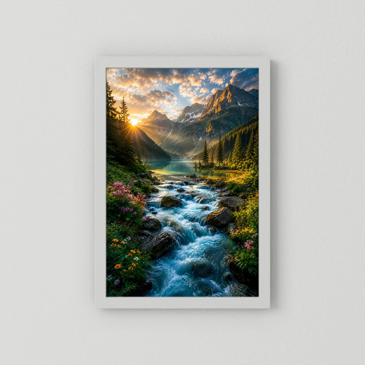 Poster im Hochformat mit weißem Rand: türkisblauer Gebirgsbach im Alpenpanorama