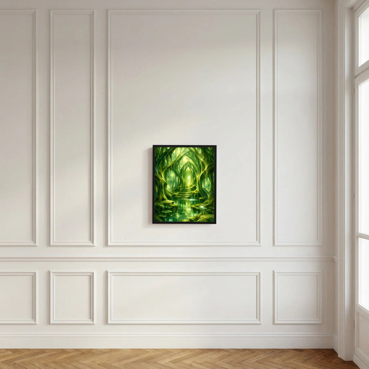 Gerahmtes grünes Kunstposter Waldtempel mit leuchtender Mitte und spiegelndem Wasser