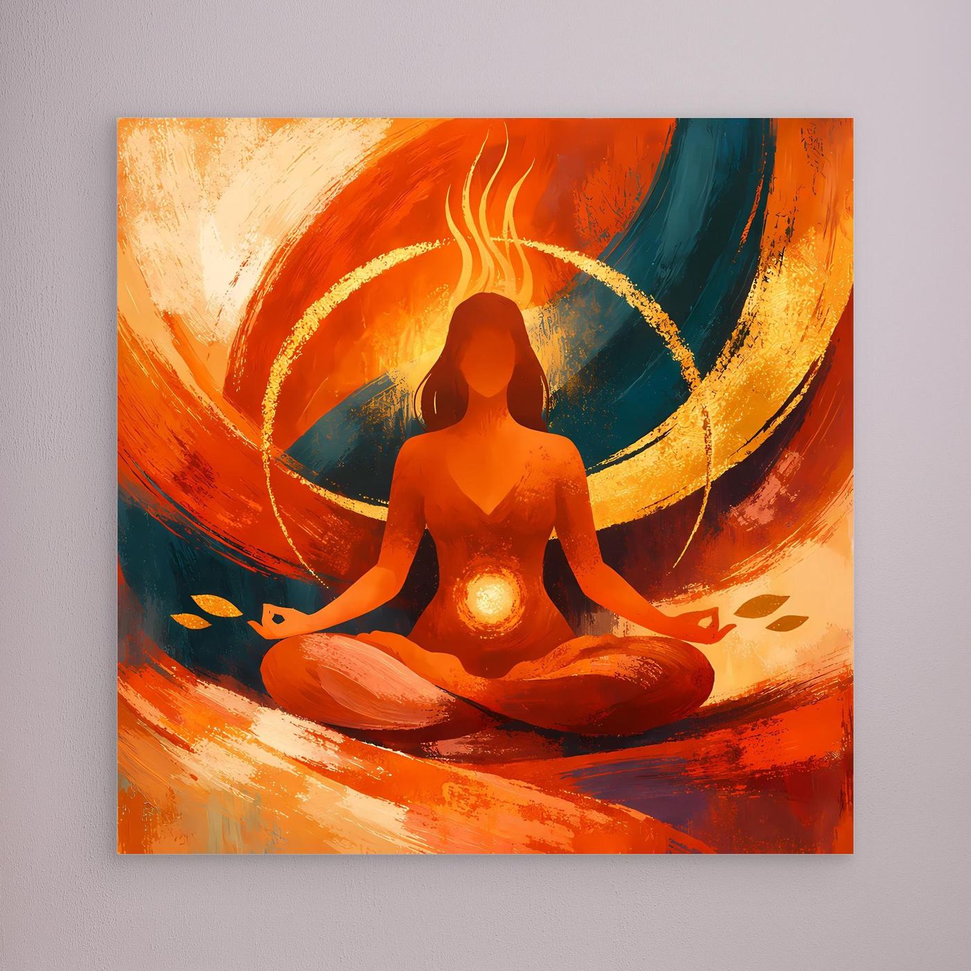 Leinwandbild mit sitzender Meditationsfigur im Orange-Rot und Blau, abstraktes Yoga Motiv, ohne Rahmen