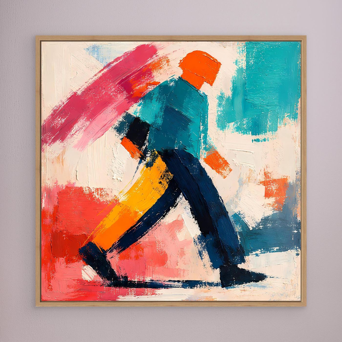 Abstract pop art wall canvas with walker figure, oak frame, red, teal and navy paint strokes.