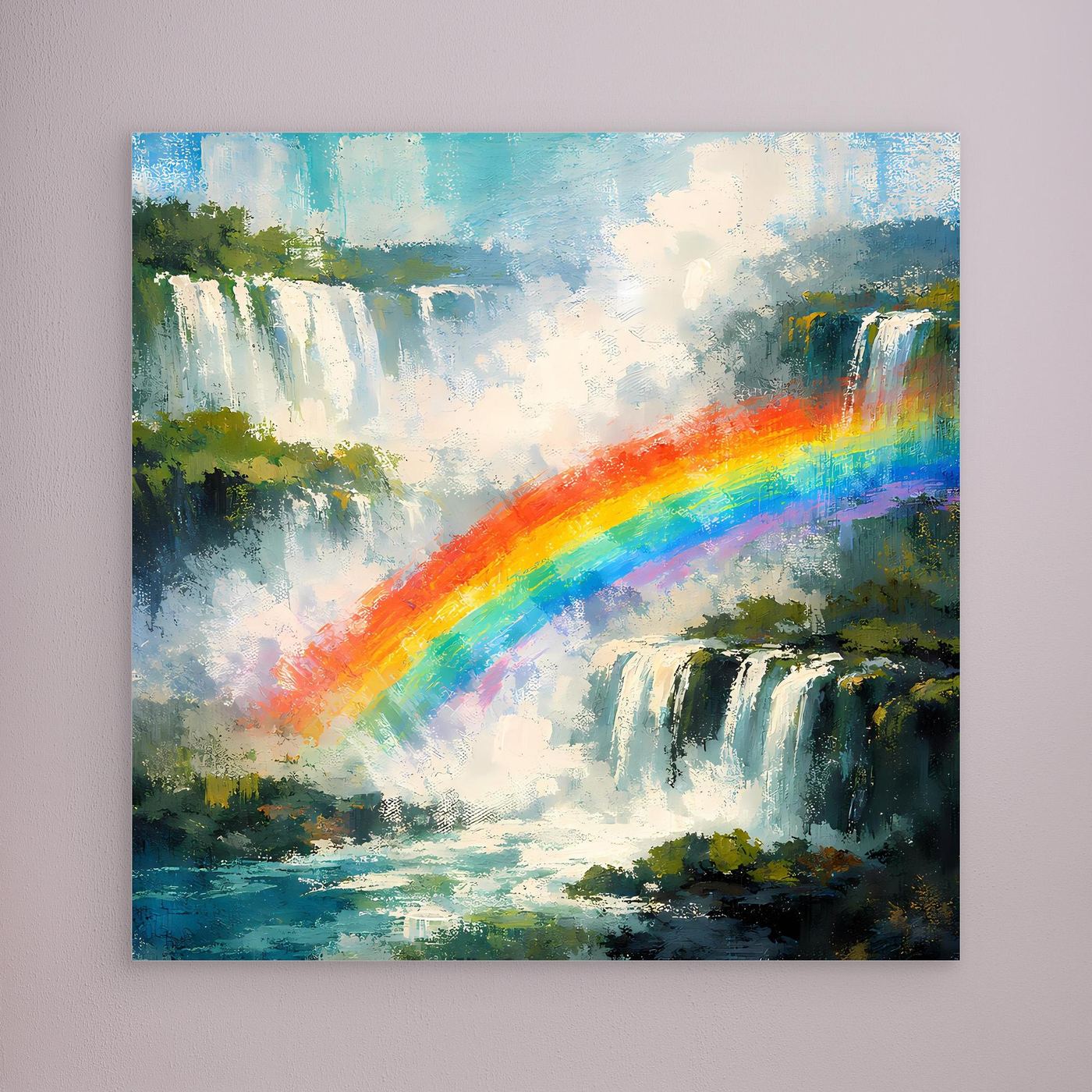 Wandbild mit abstrakten Wasserfällen und Regenbogen, weiß gerahmt, bunte Farbflächen