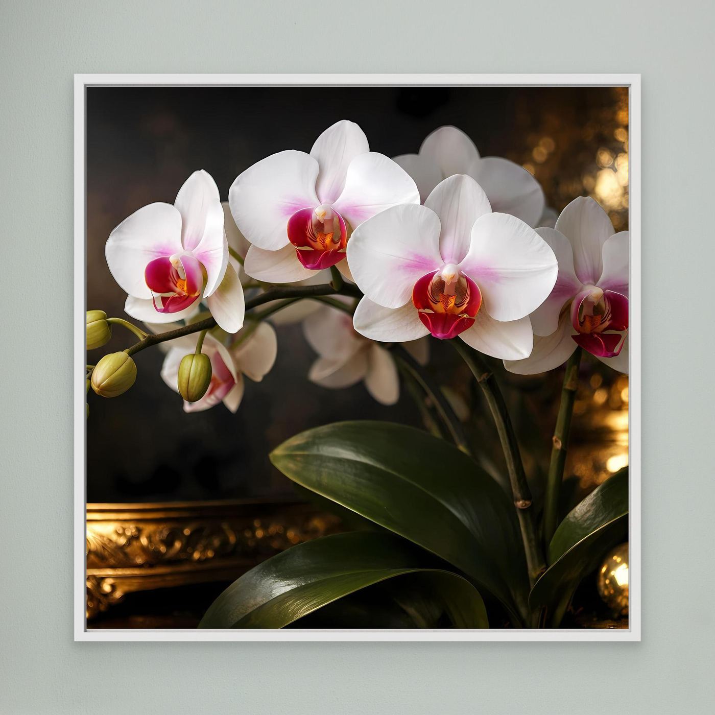 Orchideenblüten-Leinwandbild mit weißem Rahmen, weiße Blüten und grüne Blätter