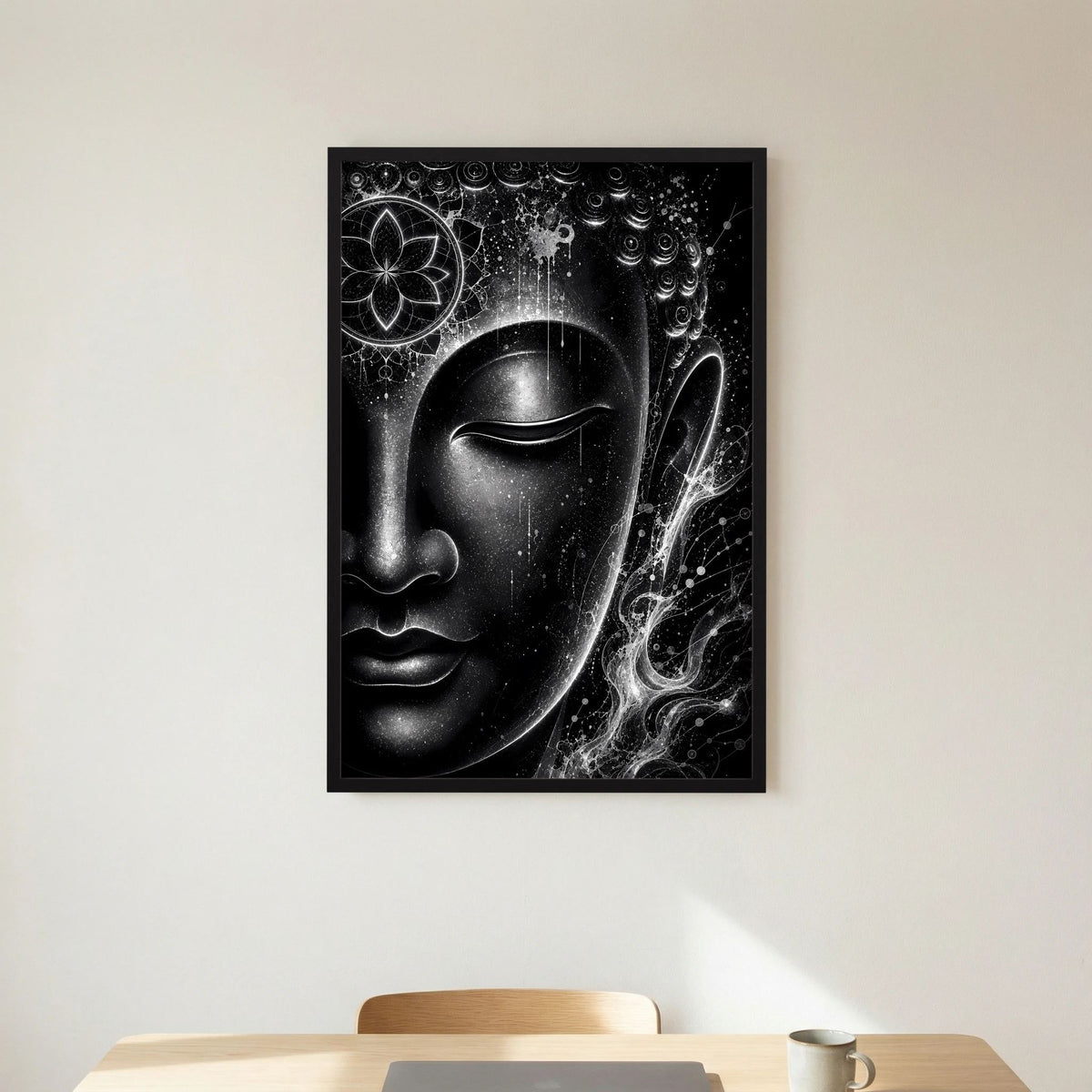 Poster mit Buddha-Gesicht in Schwarzweiß, Mandala oben links, Lichtwellen rechts, Hochformat