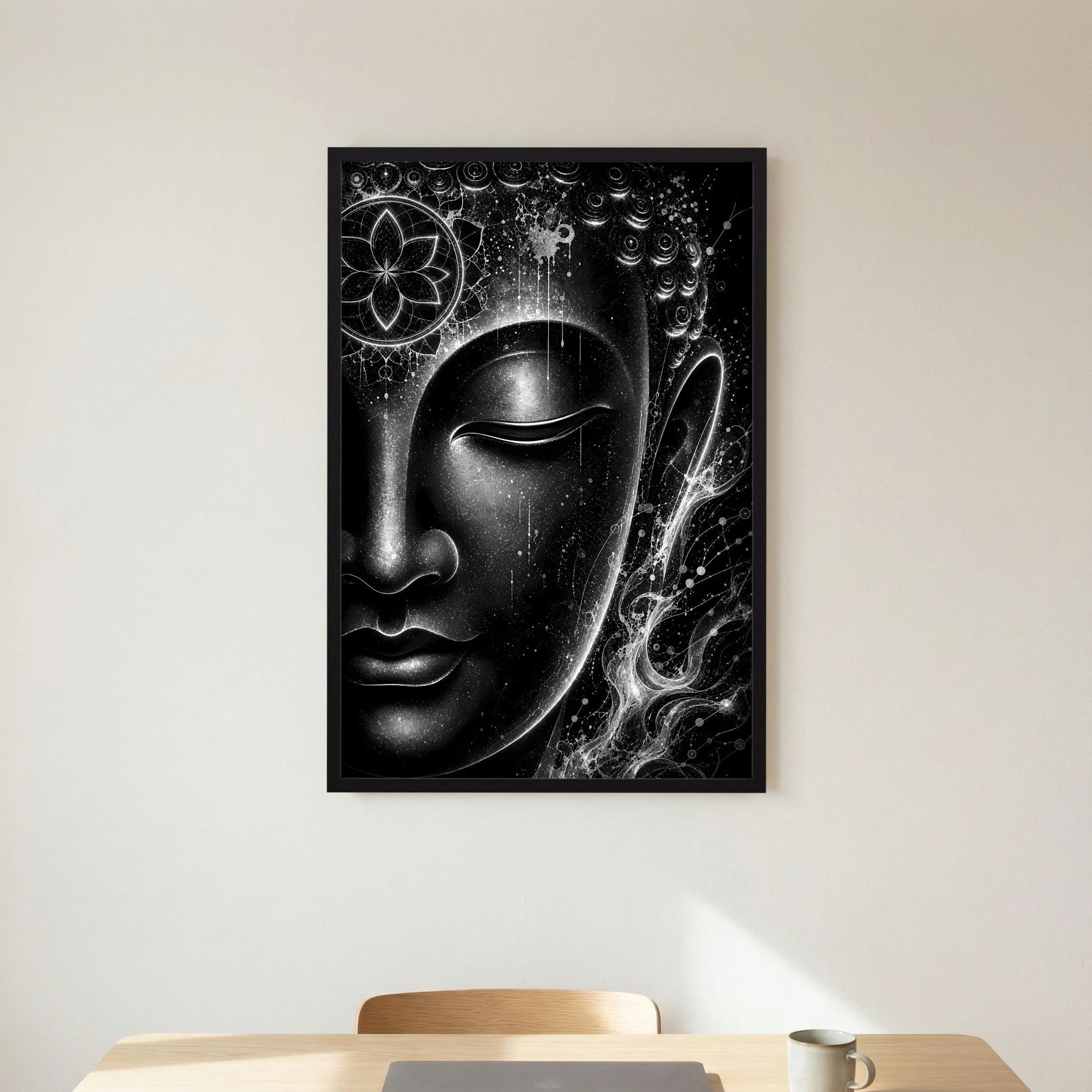 Poster mit Buddha-Gesicht in Schwarzweiß, Mandala oben links, Lichtwellen rechts, Hochformat