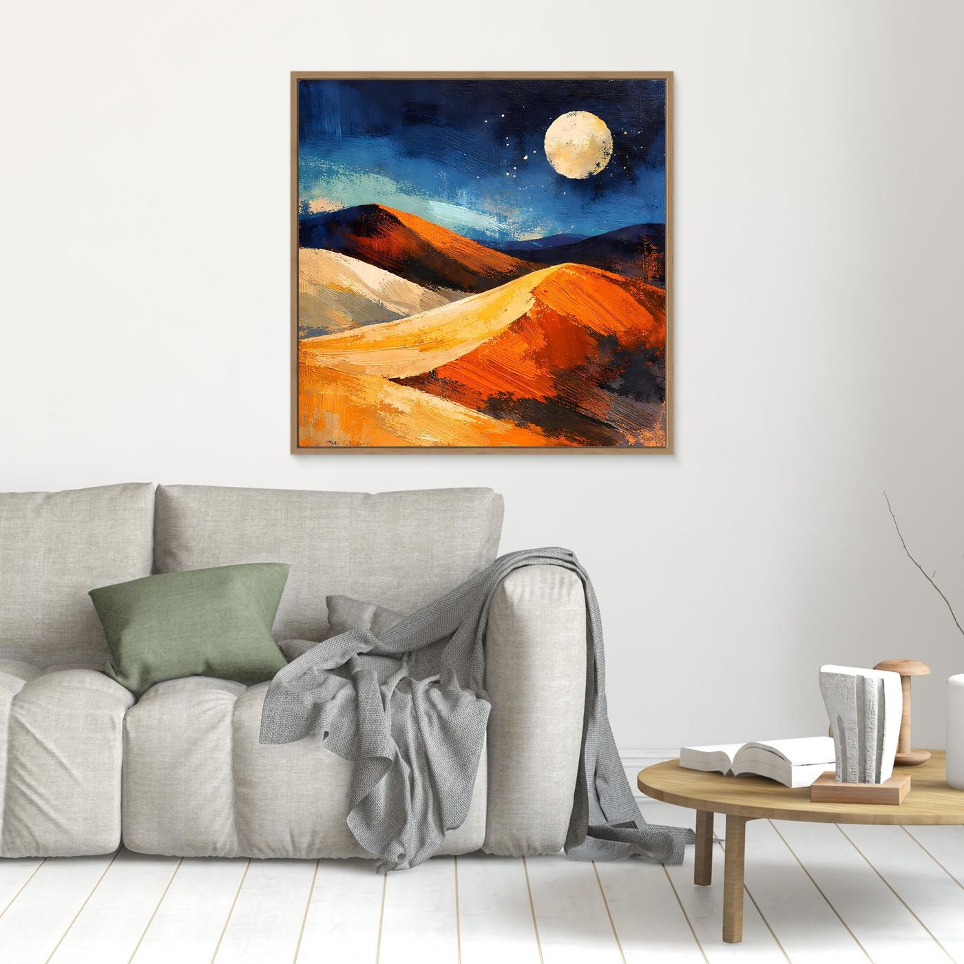 Framed abstract moonlit desert canvas wall art with orange dunes and yellow moon under night sky.