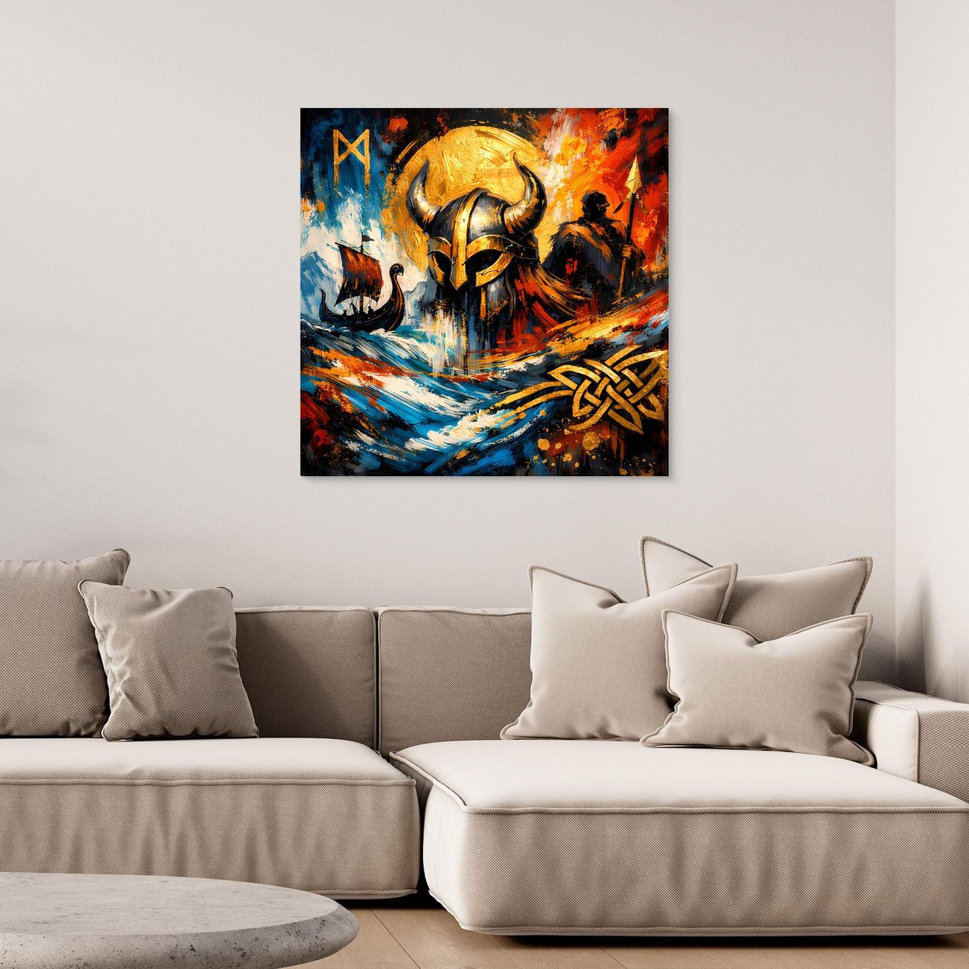 Leinwandbild mit nordischem Wikingerhelm, abstrakter Mythologie und bunten Farben auf schwarzem Rand