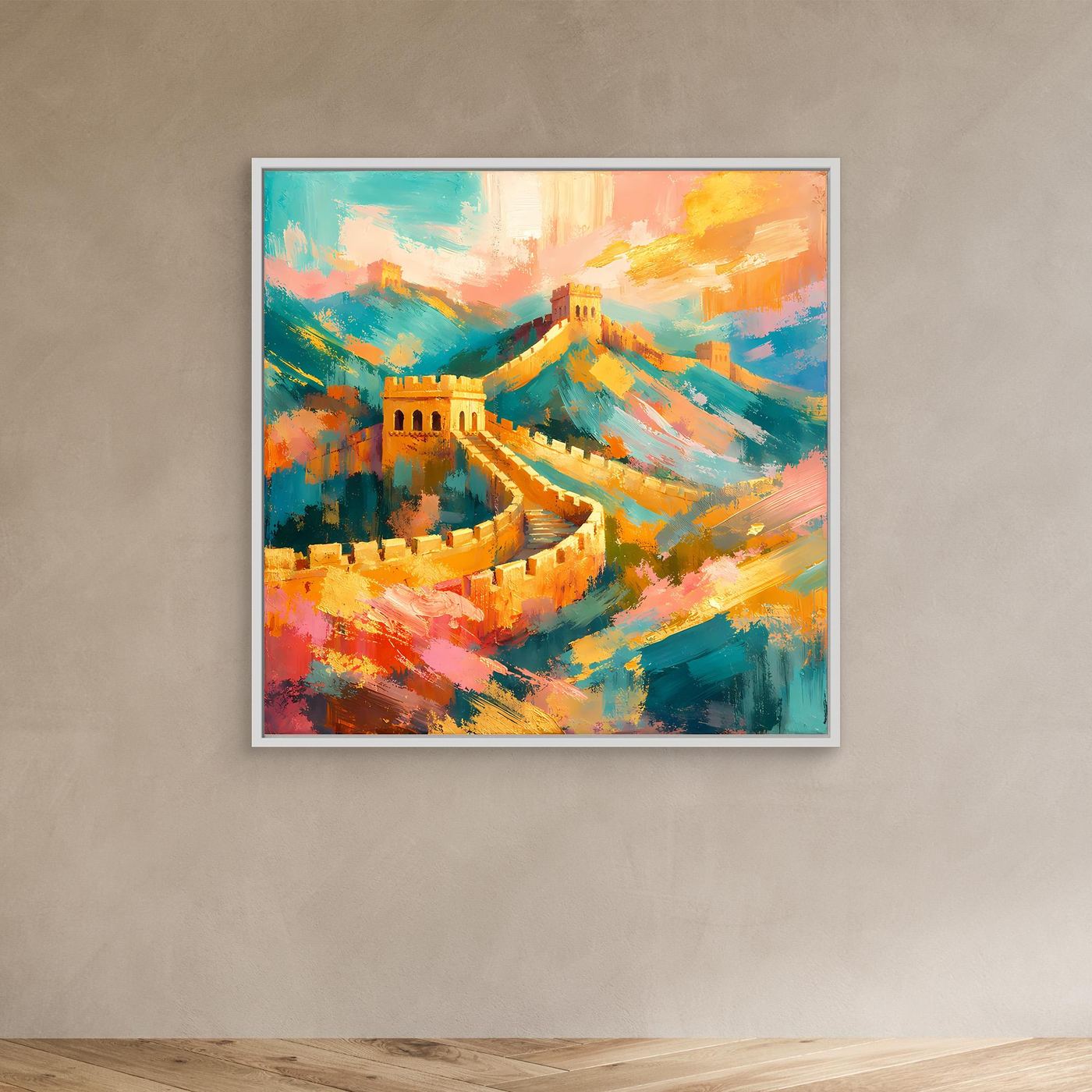 Leinwandbild Chinesische Mauer abstrakt in bunten Farbtönen, mit weißem Rahmen