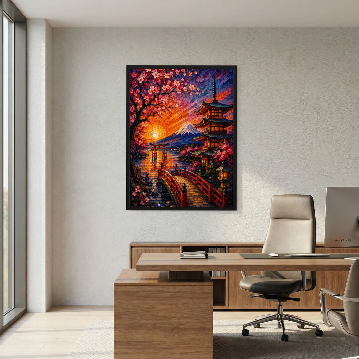 Poster im Hochformat mit Sakura, Pagode und Fuji bei Sonnenuntergang im schwarzen Rahmen