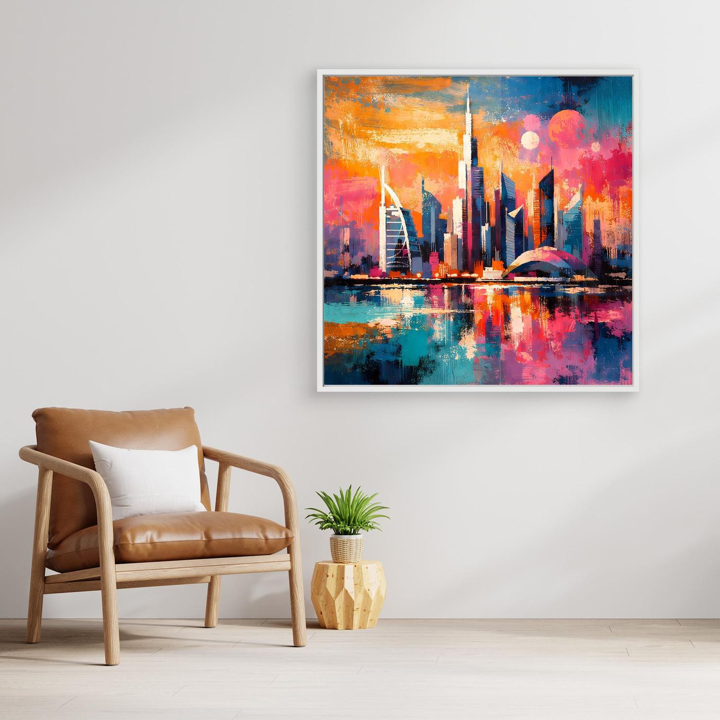 Leinwand-Wandbild mit bunten Türmen und runder Lichtkugel am Himmel, spiegelnd im Wasser