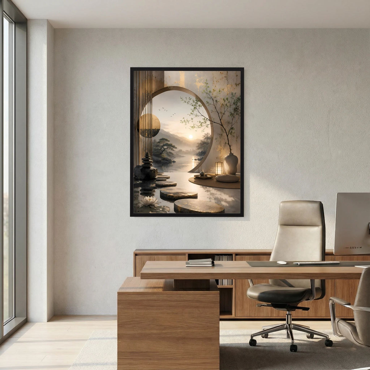Wandposter im schwarzen Rahmen mit asiatischer Landschaft, Bogenlicht, Baum und Laternen