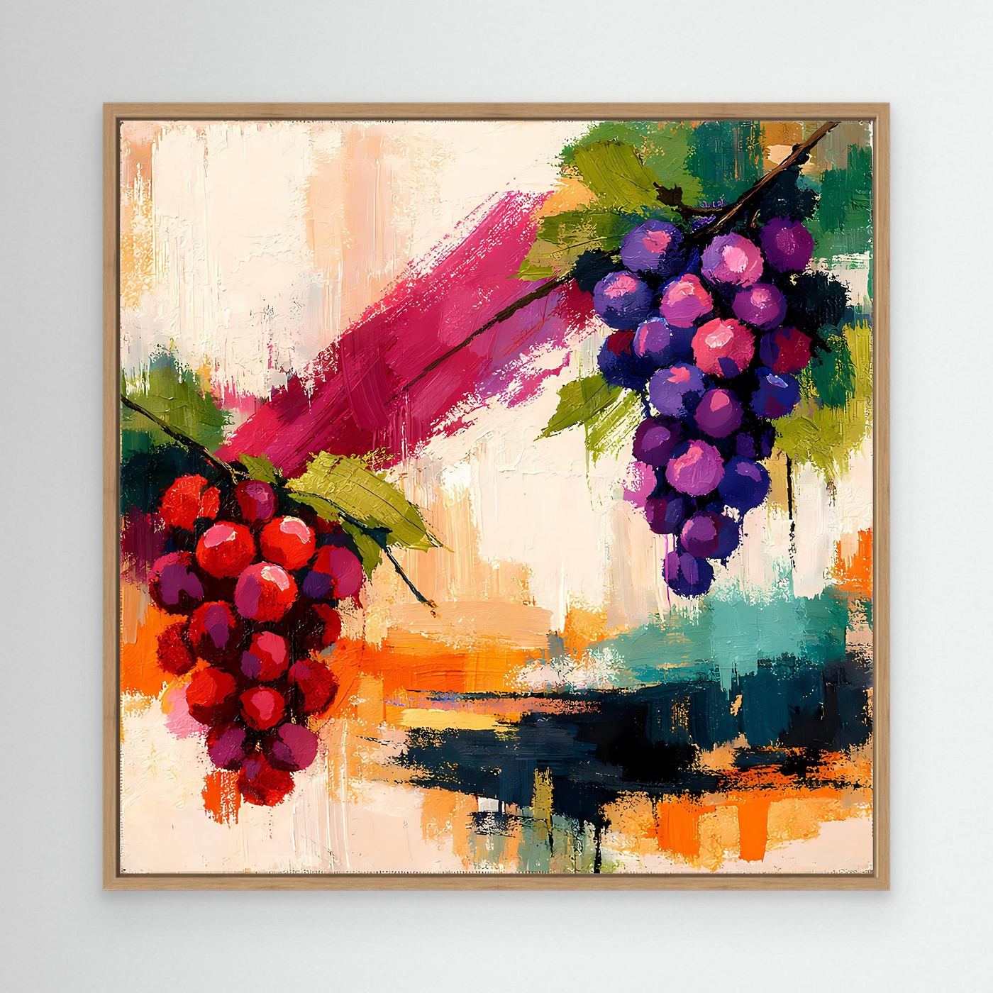 Framed abstract grape still life wall art with red and purple grape clusters