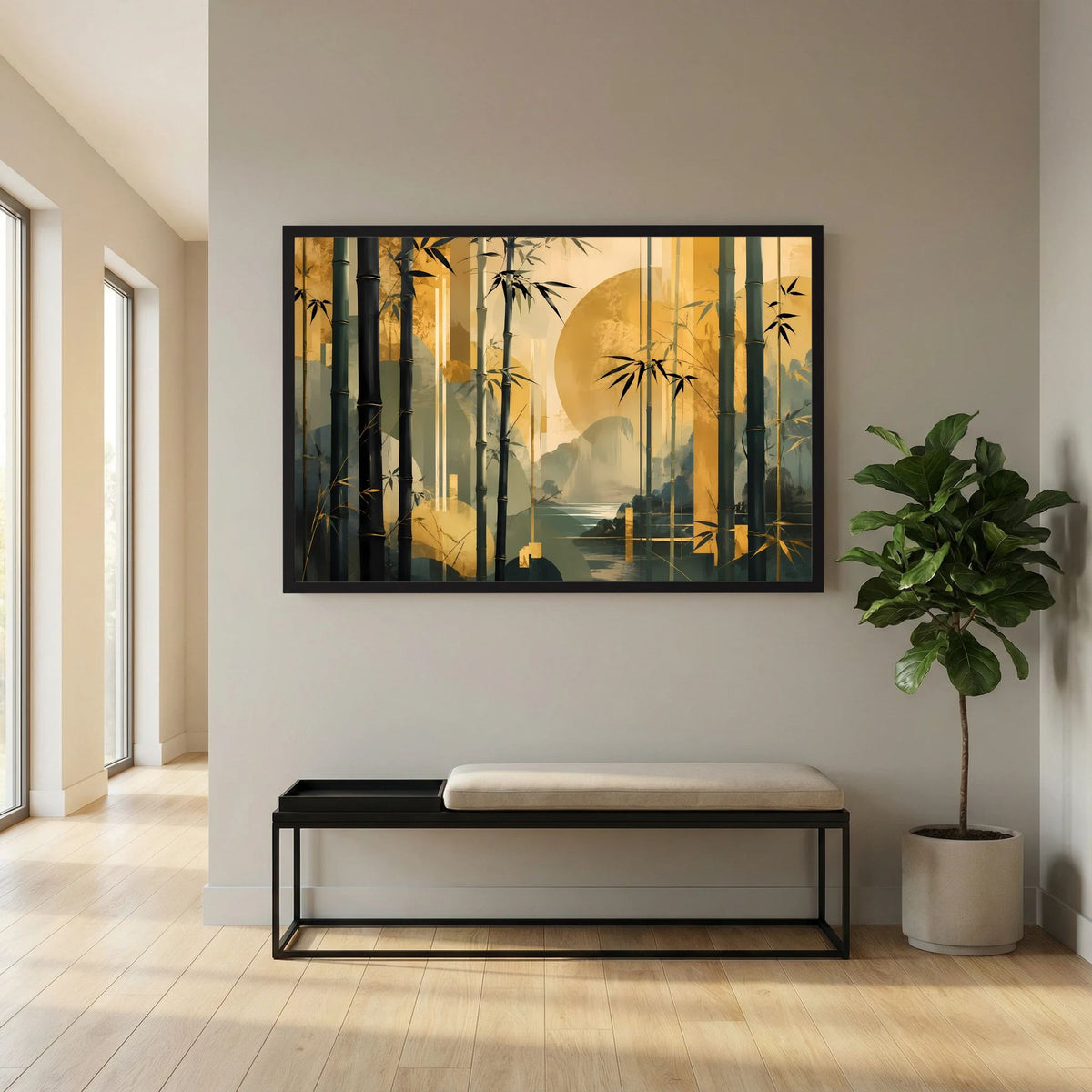 Bambuswald-Wandkunst im Querformat, schwarz gerahmt mit goldener Sonne und dunklem Grün