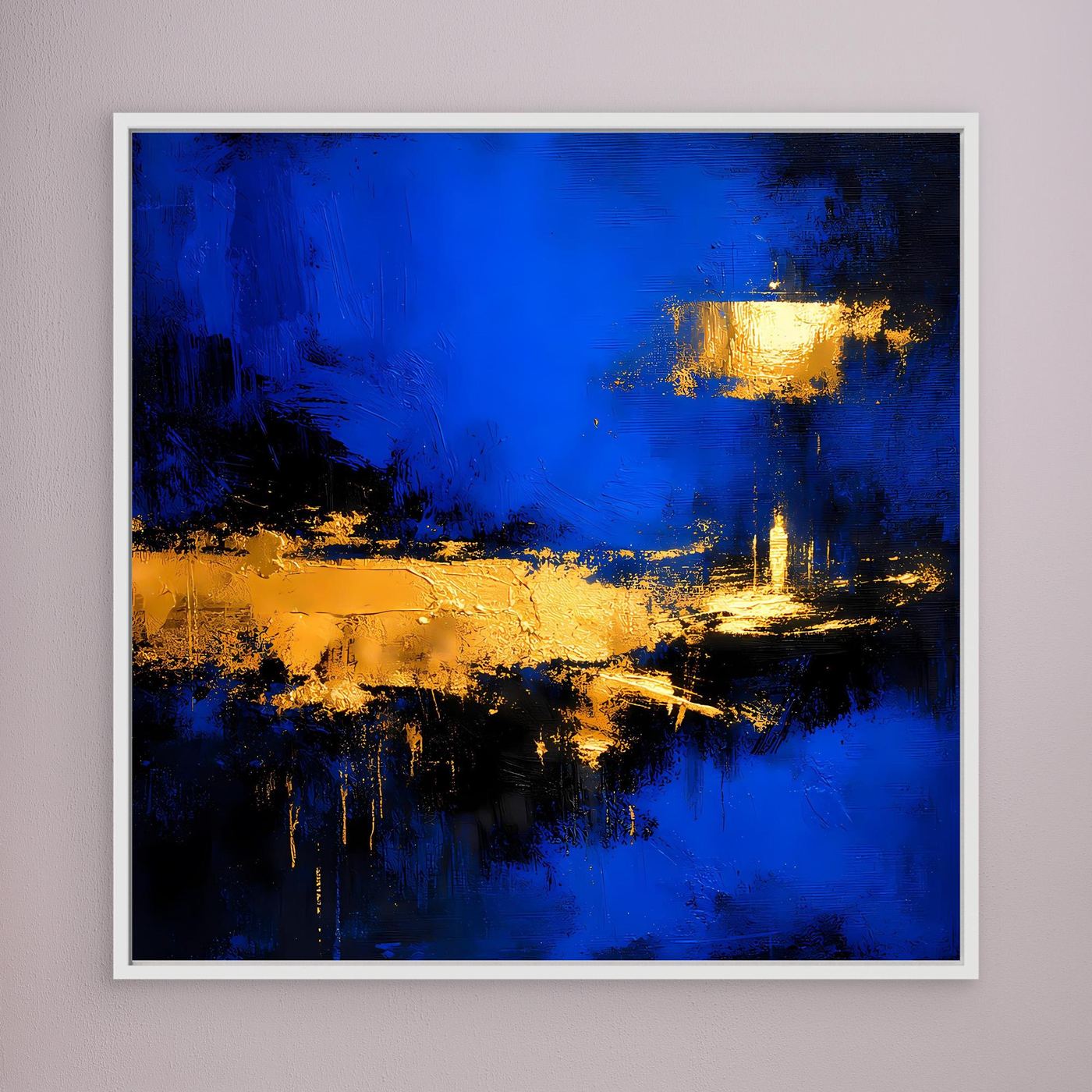 Leinwand Abstrakte Meereslandschaft bei Nacht | Modernes Küsten Wandbild in Blau und Gold