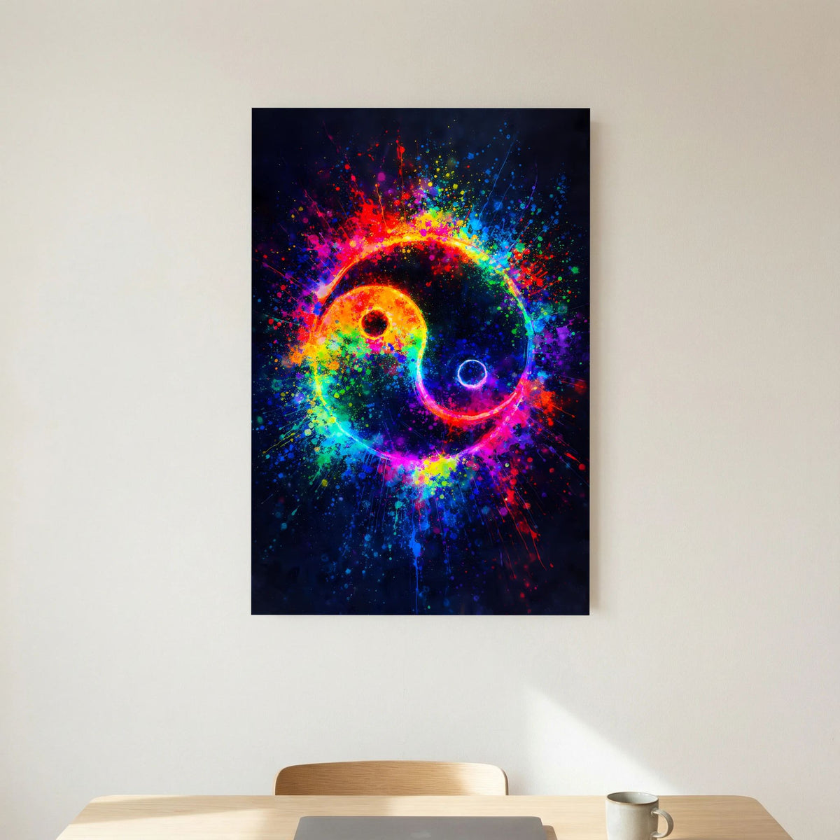 Yin-Yang-Hochformatposter mit buntem Spektralmuster und kontrastreichen Leuchteffekt