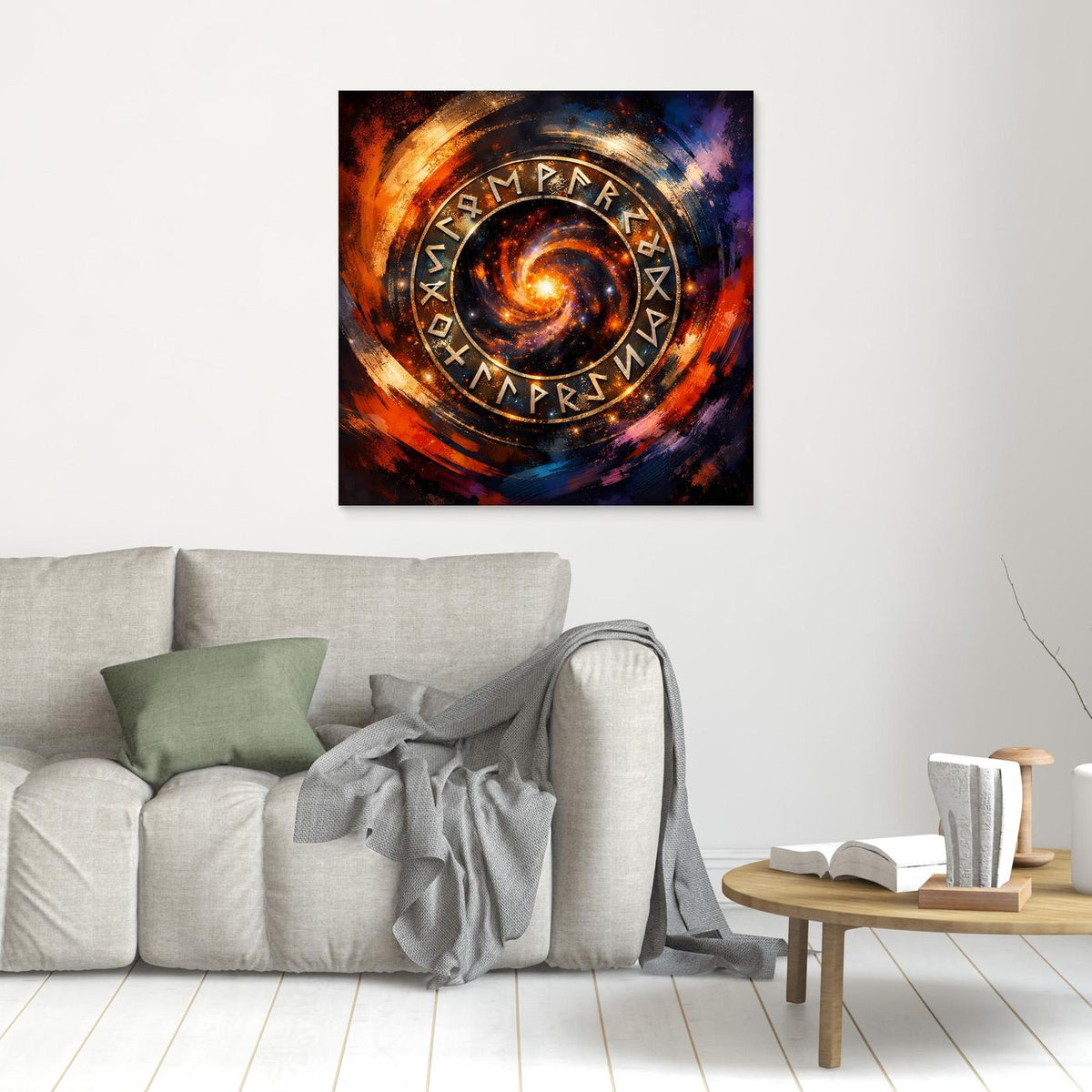 Kleines Leinwand-Wandbild mit galaktischem Runenkreis und ringförmigen Runen, Holzrahmen.