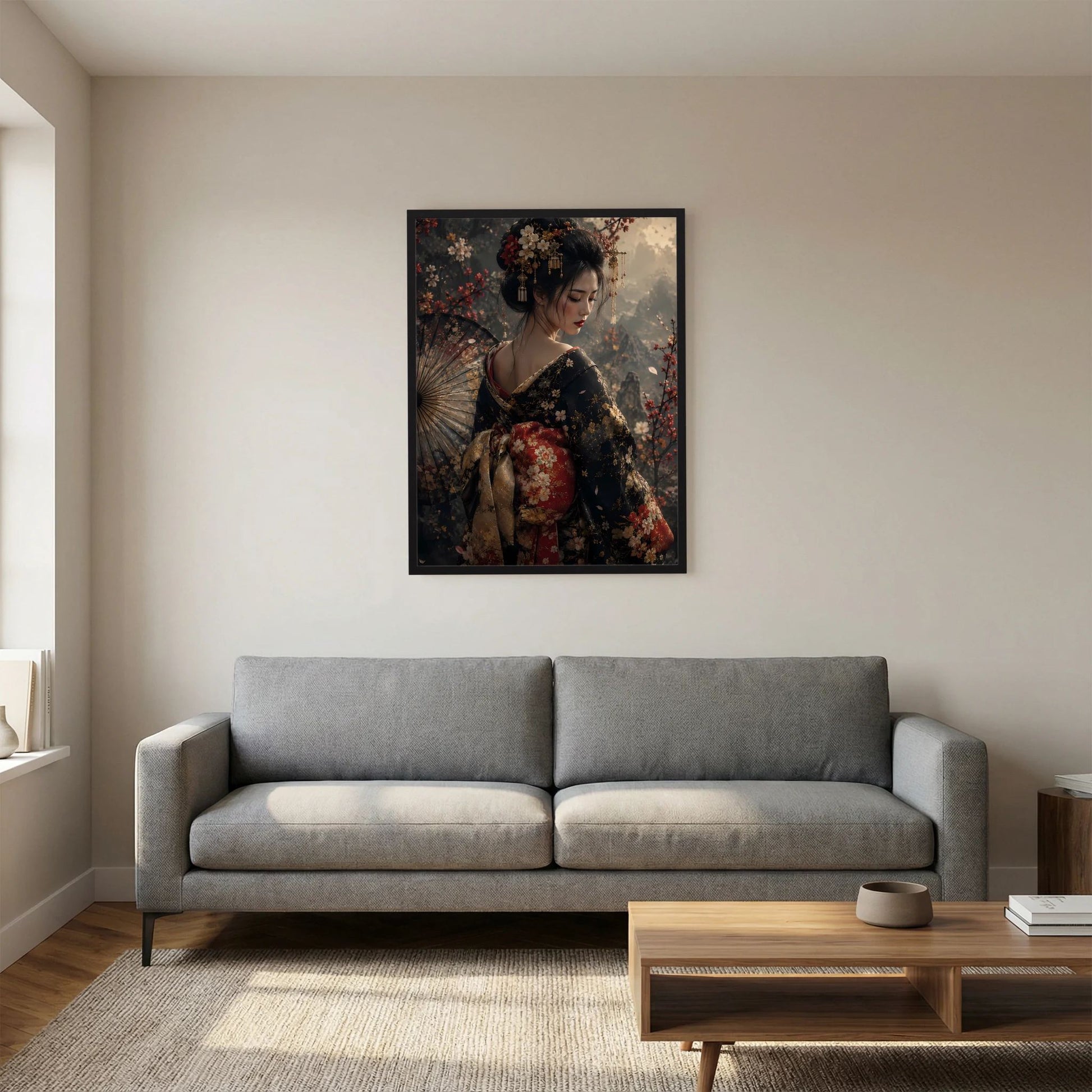 Poster mit japanischer Geisha im floralen Kimono, schwarzer Rahmen, seitliches Porträt