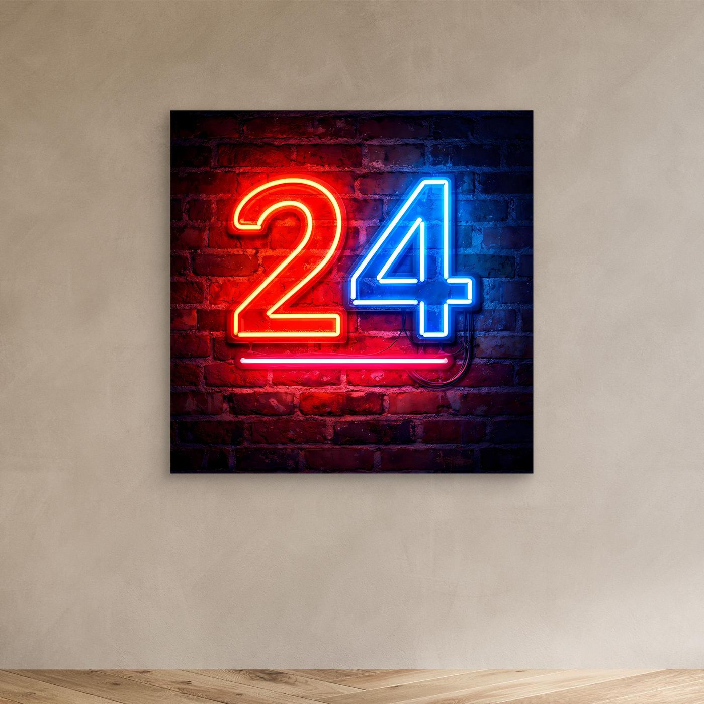 Neon-Wandbild Zahl 24, rot-blau auf Backstein, kleines Format, schwarzer Rahmen