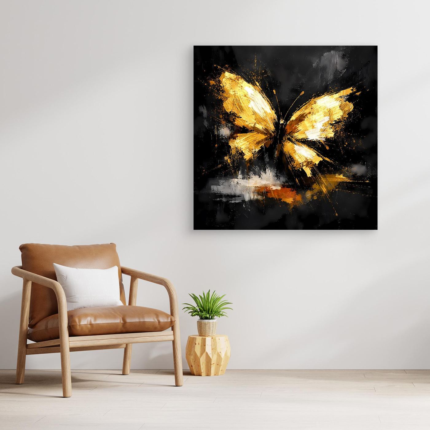 Leinwand Goldener Schmetterling Abstrakt | Modernes Insekten Wandbild Schwarz Gold