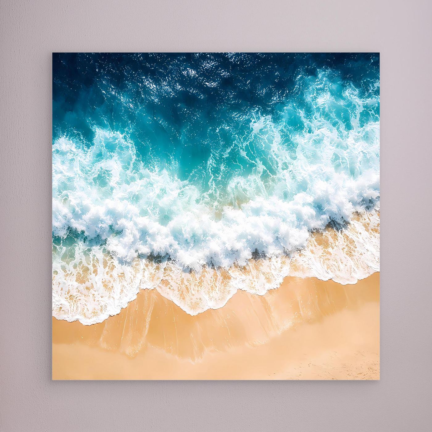 Leinwandbild Meer: türkisblaue Wellen, weißer Schaum und beiger Sandstrand